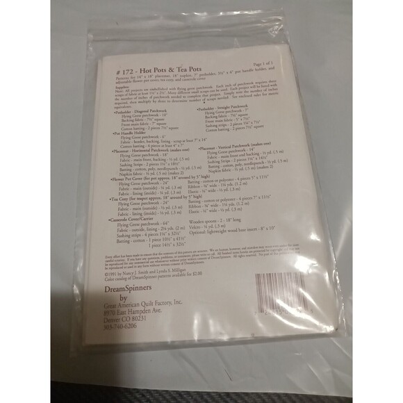 1991 Dream Spinners #172 Hot Pots & Tea Pots sewing pattern not Cut - Picture 2 of 2